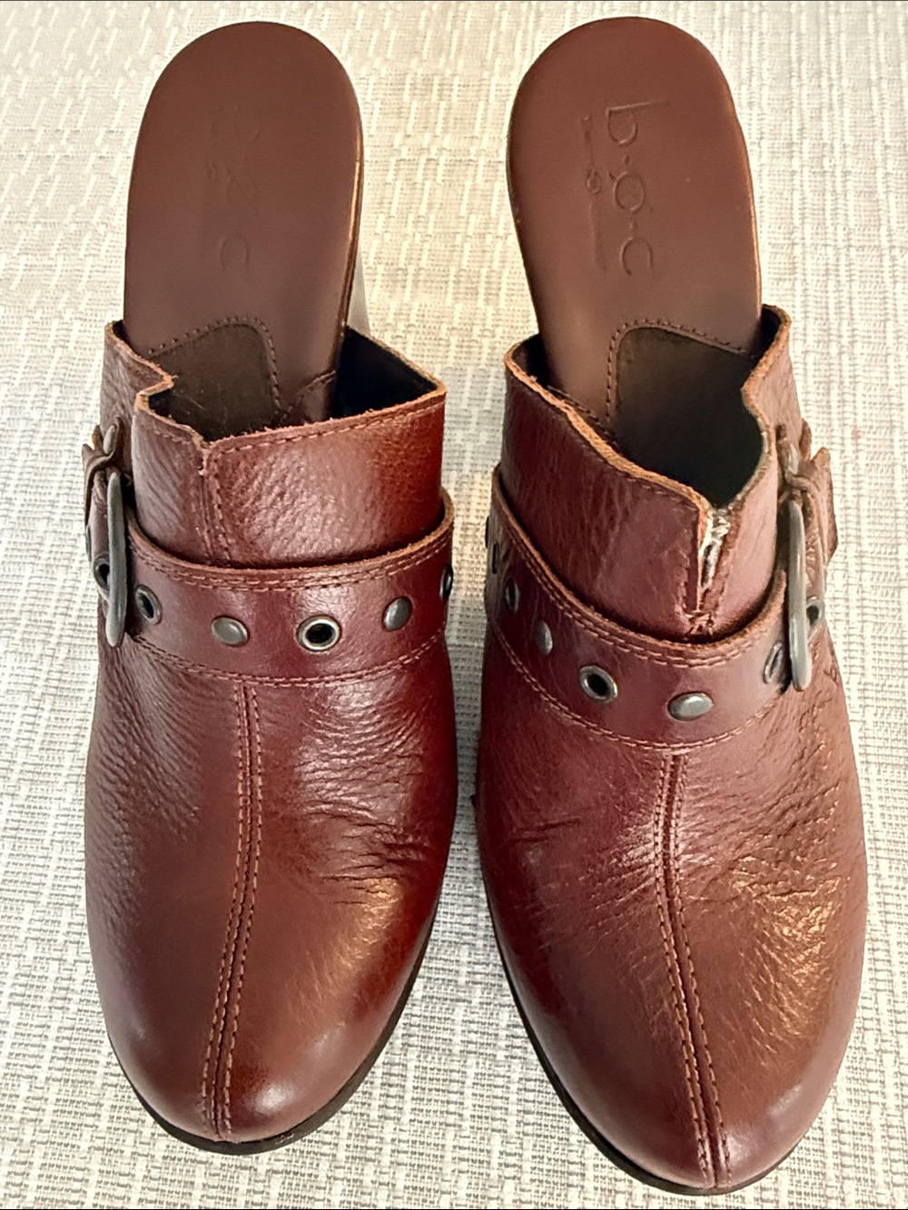 b.o.c. Dark Brown Leather Slip-On Clogs with Buckle Detail